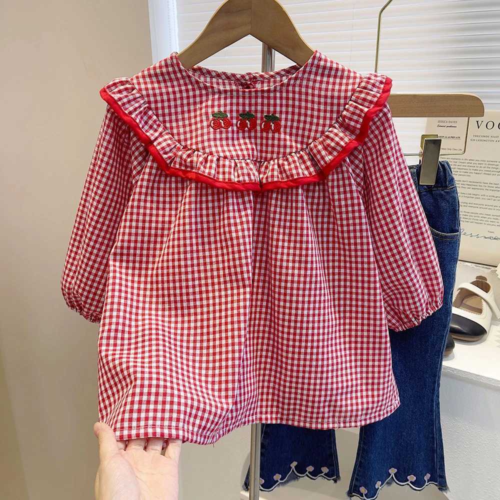 Cute Baby Girls Embroidery Shirts Spring Autumn Long Sleeve Kids Girl Plaid Blouse Tops Peter Pan Collar Floral Shirt Children C251007
