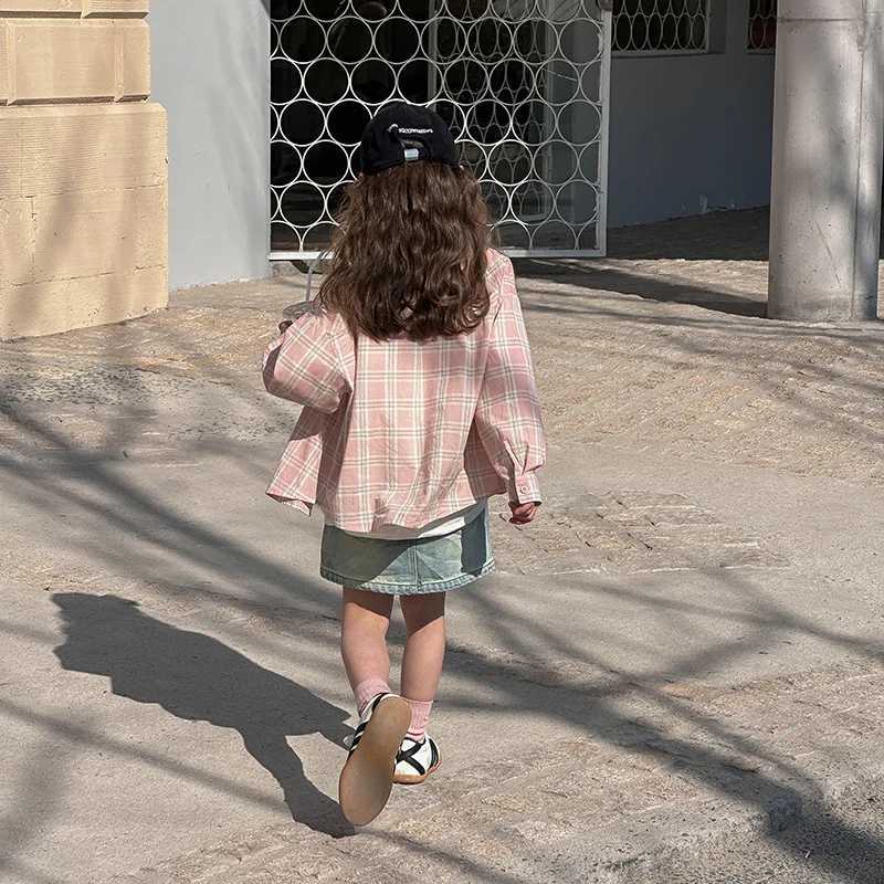 Pink Checkered Shirt Spring New Korean Allmatch Fashionable Cute Casual Sweet Plaid Shirt Coat Kids Clothes Girls C2510071