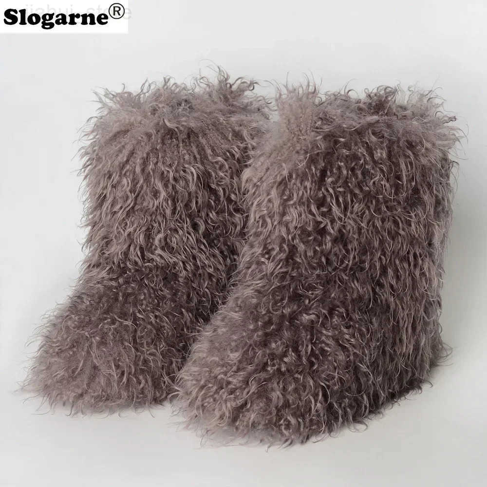 Ladies Trendy Mongolian Fur Boots Women Fahsion Teddy Fur Snow Boots Fluffy Warm Faux Wool Y2K Winter Shoes Plush Warm Footwear M251007