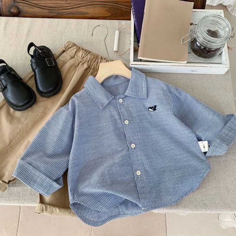 27Y Kids Shirts Small Fish Embroidery Stripe Boy Cardigan Cotton Turndown Collar Childrens Clothing Long Sleeve Shirt Blouses C251007
