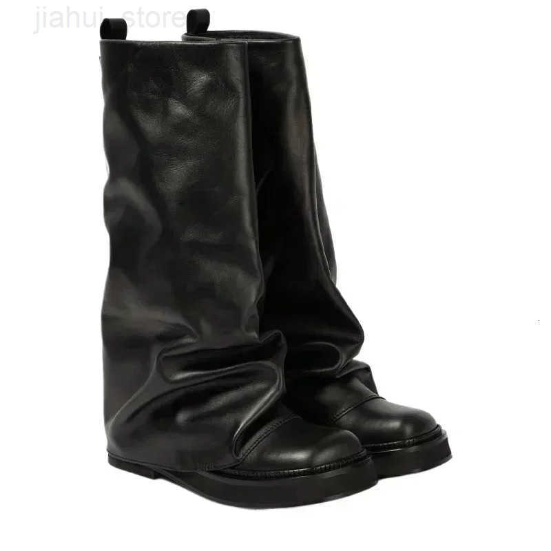 New Large Walled Flat Bottomed Round Toe Sleeve Knee High Pleated Womens Boots Retro Knight Boots Shoes for Women M251007