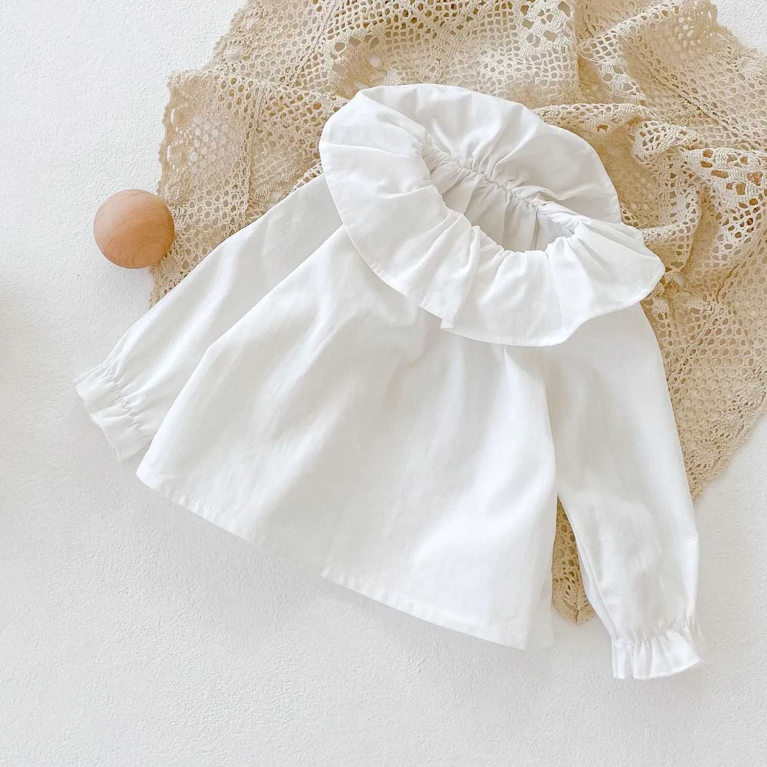 2021 Autumn Newborn Baby Girls White Shirts Ruffles Collar Korean Style Toddlers Kids Blouses Infants Clothes Pure Color Tops C251007
