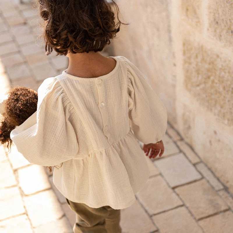 Autumn New Casual Large 34 Sleeves Girls Blouse 100 Organic Cotton Double Gauze Childrens Solid Loose Ruffle Tops TZ187 C251007