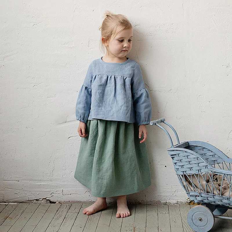 Chic Back Bow Tie Linen Shirt Girls 2025 New Solid Color Casual Loose Baby Kids LongSleeved Blouse Autumn Clothes C251007