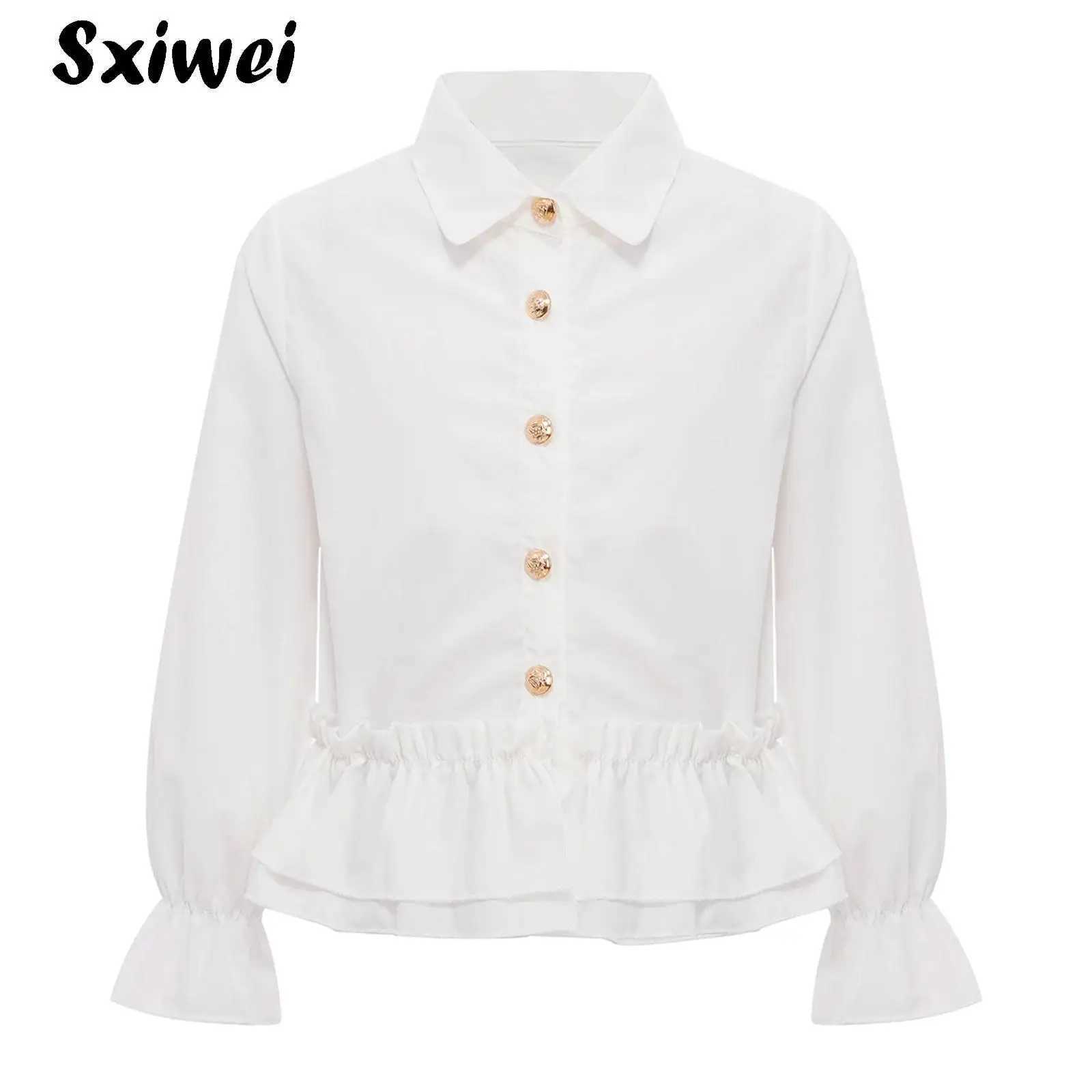 White Ruffles Shirts Kids Girls Lapel Sweet Preppy Kawaii Blouses Lolita Korean Elegant Puff Long Sleeve Crop Tops Chic Blouse C251007