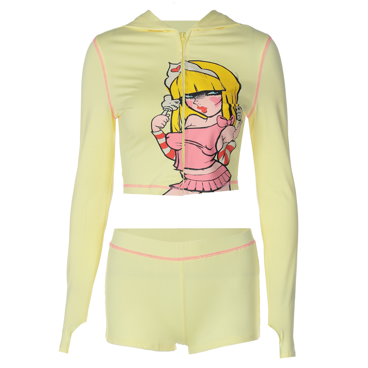 New Fashion Cartoon Print Casual Sports Style Hooded Long Sleeve Shorts Set