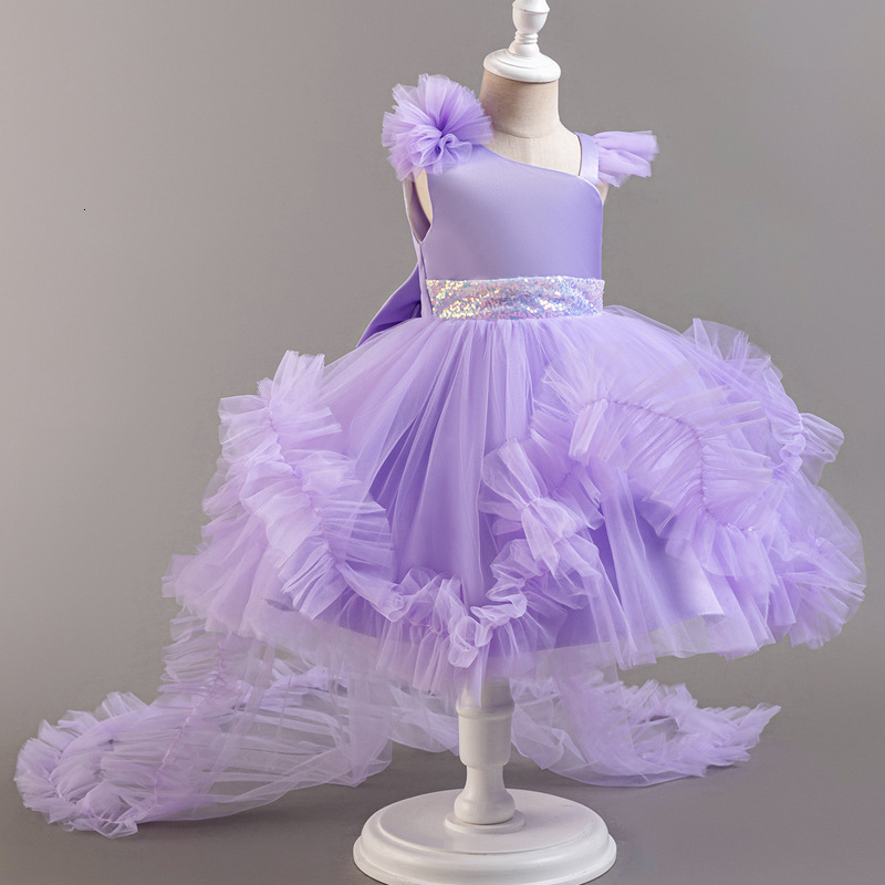 Puffy Girl Dress Pink Baby Dress with Train Flower Girl Dress Bow Cute Kids Child Birthday Dresses Frist Communion 250829