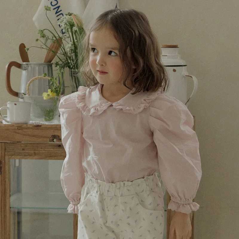 Blouses Spring Korea Girls Children Clothing Lovely Lapel Collar Solid Color Long Sleeved Princess Style Shirt 2024 C251007