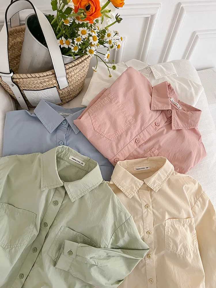 Children Clothing 2024 Spring New Children Fashion Versatile Shirt Boys and Girls Solid Color Lapel Shirt Jacket Simple C251007