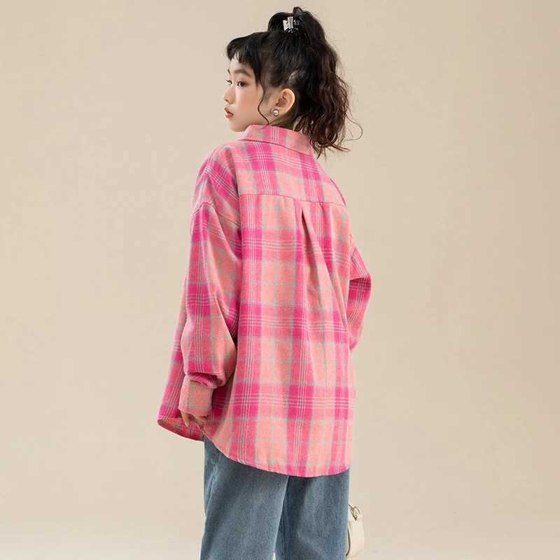 Fashion Casual Childrens Long Sleeve Pink Plaid Shirt for Girls Stylish Street Clothing Kids Spring Autumn Blouses Age 514Y C251007