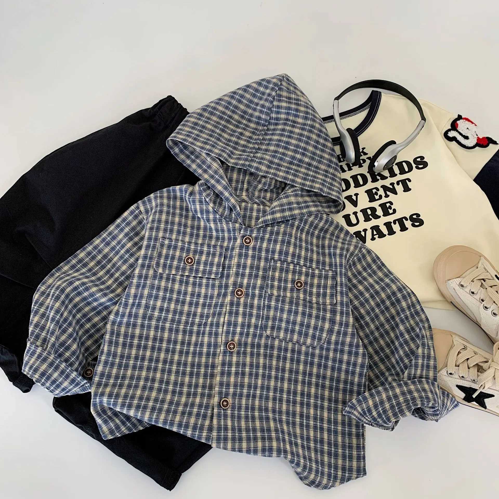 Autumn Children Boys Coat Hooded Pocket Long Sleeved Infant Baby Boys Top Single Button Casual Plaid Toddler Boys Outwear Coat C251007