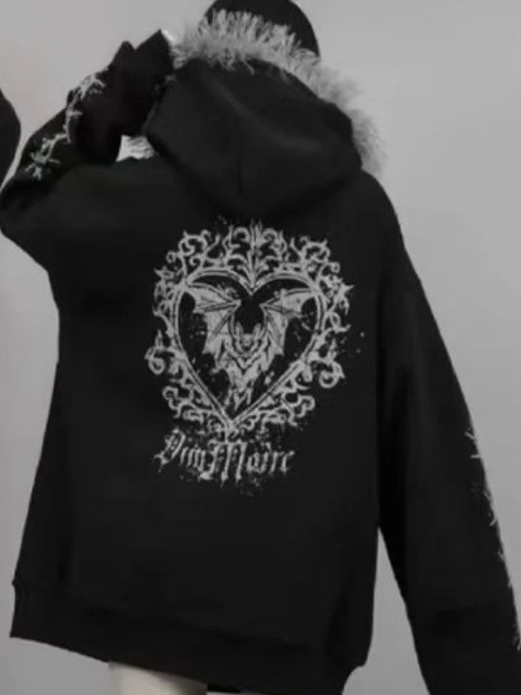 Japanese Punk Fur Patchwork Hooded Coat Y2k Aesthetic Women Printing Oversized Hoodies Csual Grunge Double Zippers Sweatshirts 250930 - view 4