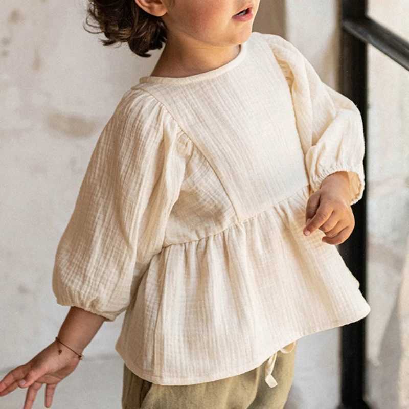 Autumn New Casual Large 34 Sleeves Girls Blouse 100 Organic Cotton Double Gauze Childrens Solid Loose Ruffle Tops TZ187 C251007