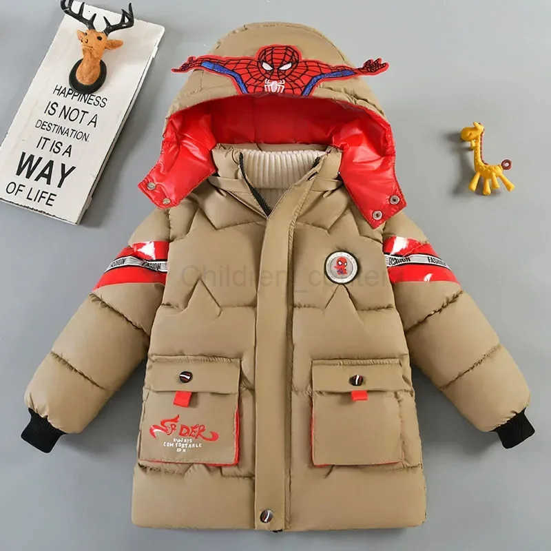 Disney Spiderman Down Jacket 2025 Winter Baby Boy Costume Kids Warm Thicken CottonPadded Hooded Coat Parka Children Clothing Outerwear H251007