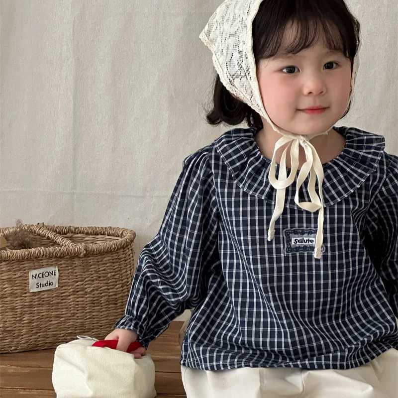 2025 Autumn New Children Label Blue Grid Shirt Fashion Children Clothing Girls Long Sleeve Versatile Top C251007