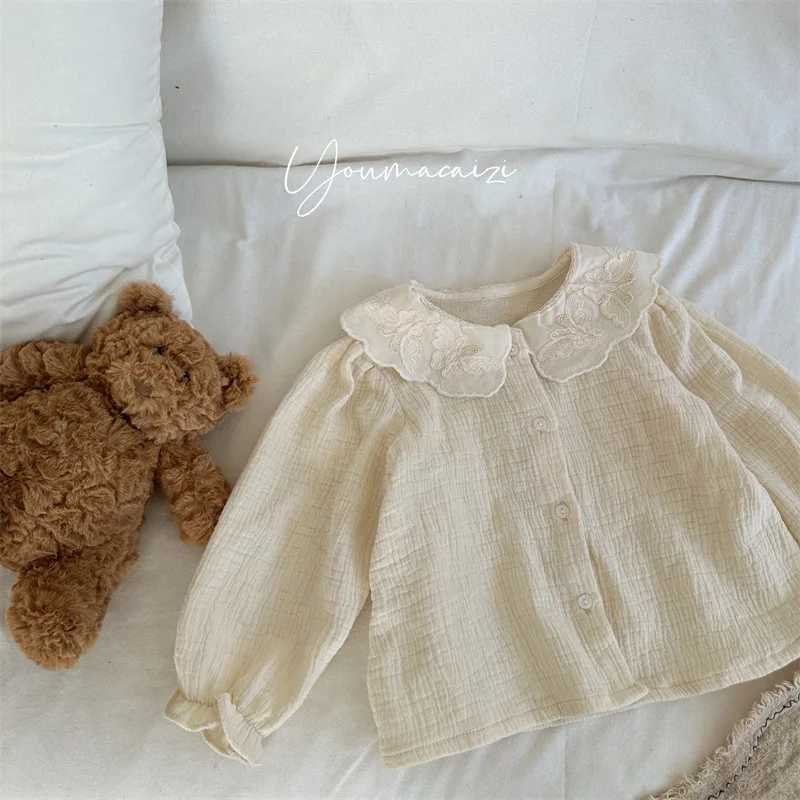 6850 Children Shirt 2025 Autumn New Lace Collar Solid Color Baby Girls Shirt Embroidery Longsleeved Blouse Tops C251007