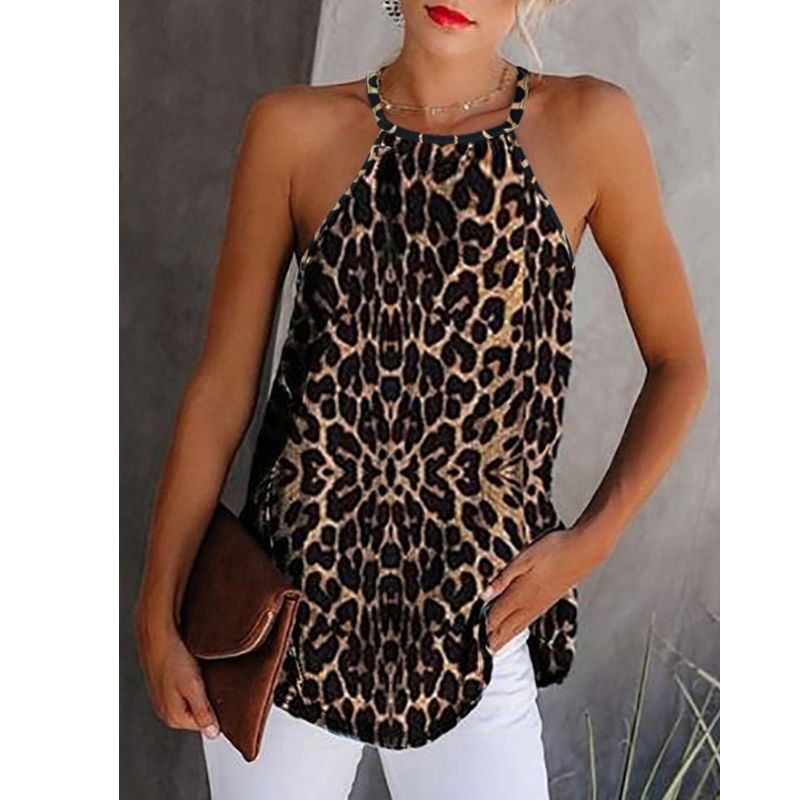 Summer Casual Women's Vintage Style Leopard Printed Cotton Blouse with Adjustable Strap Detailing-CF50088