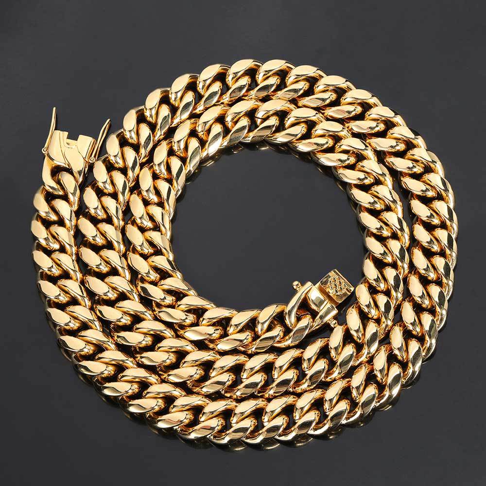 Cuban Link Chain Necklace Bracelet Jewelry 18K Real Gold Plated Stainless Steel Miami Necklace with Design Spring Buckle