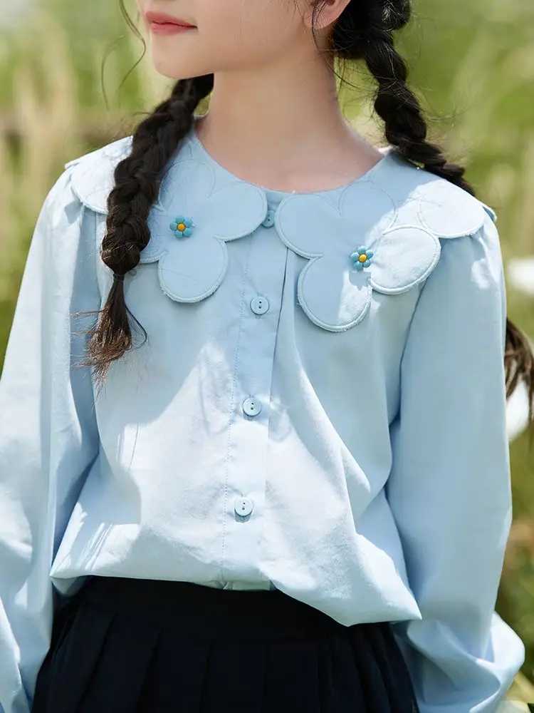 2024 Baby Girls Fashion flowers collar Shirts Blouses Elegant Kids Girl Spring Autumn Tops Children Birthday Princess Clothes C251007