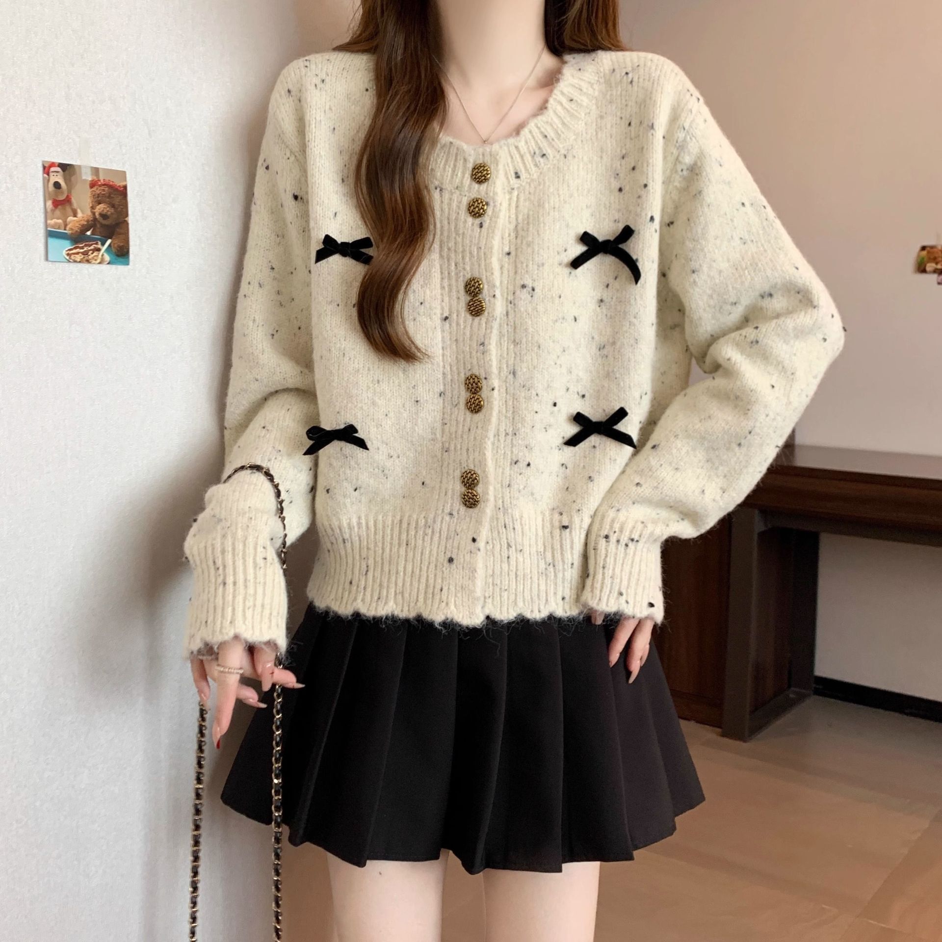 2025 Fashion Color Knitted Women's Open Woolen Sweater Loose fashion Short Coarse Wool Coat Bow Designer Jacket Top Autumn/Winter New Luxury