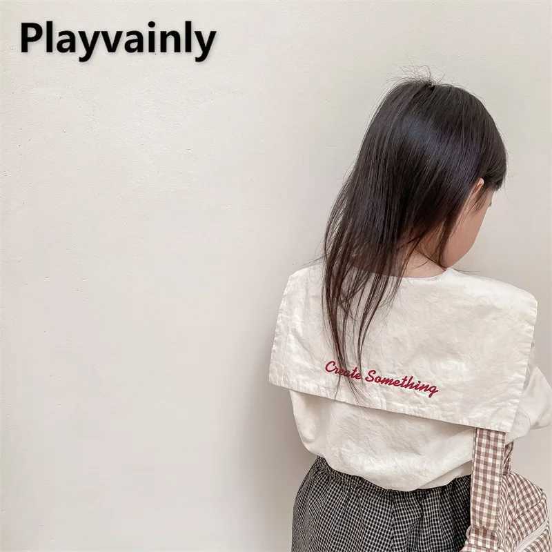 Korean Style New Summer Girls Short Sleeve Blouse Beige Light Blue Letter Embroidery Sailor Collar Single Breasted Shirts A22293 C251007