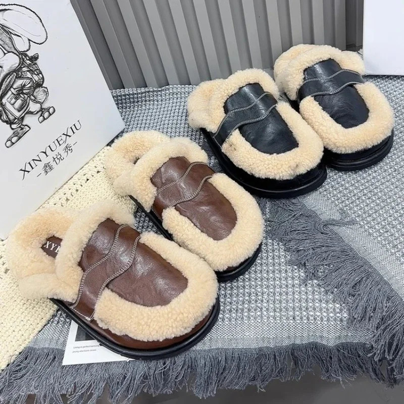 Winter Casual Fashion Womens Shoes Lamb Velvet Thicksoled Baotou Slippers Womens Flatsoled Warm Mules Zapatos De Mujer 250923