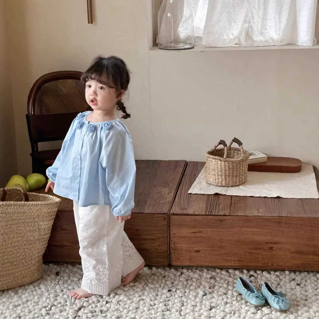 Girls Shirt 2025 Spring New Korean Fashion Solid Color Camellia Long Sleeve Doll Shirt Kids Clothes Girls C2510071