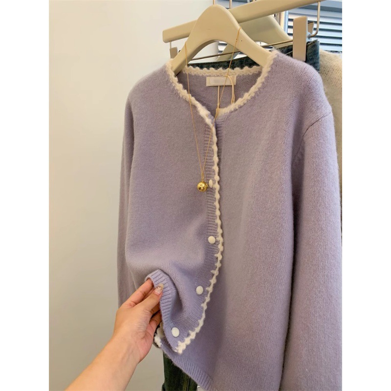 fashion 2025 round neck purple designer jacket, lace knitted cardigan, coarse wool short top, women's outdoor design sweater jacket, autumn and w