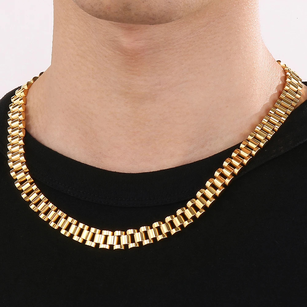 455060CM 10MM Watch Strap Chain Style Necklace For Men Women Gold Color Stainless Steel Choker Necklaces Jewellery Accessories 250930