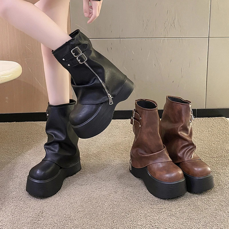 Soft Leather Ankle Mid Calf Boots Winter Autumn High Platform Wedge British Booties Woman Ladies Chunky Motorcycle Boots 9CM 250930