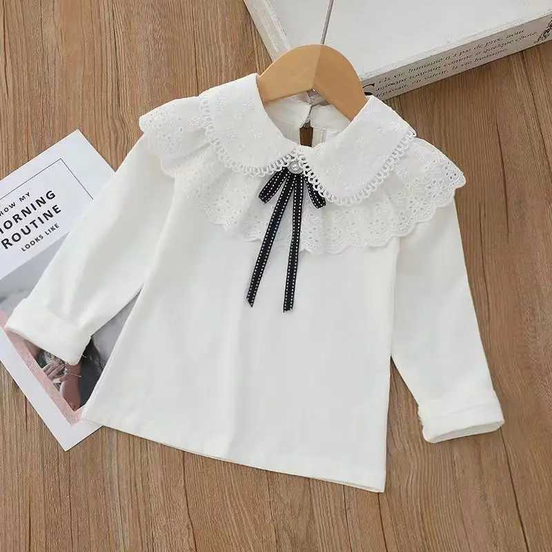 Girls White Tshirt top Autumn Childrens Lapel Shirt Middle And Big Girls Standing Collar Lace Longsleeved Bottom Shirt C251007