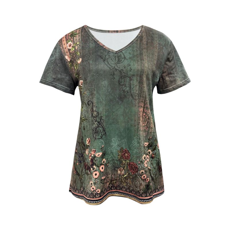 Women's Vintage Floral Print V-Neck T-Shirt - Casual Short Sleeve Milk Silk Top for Vacation-CF53585
