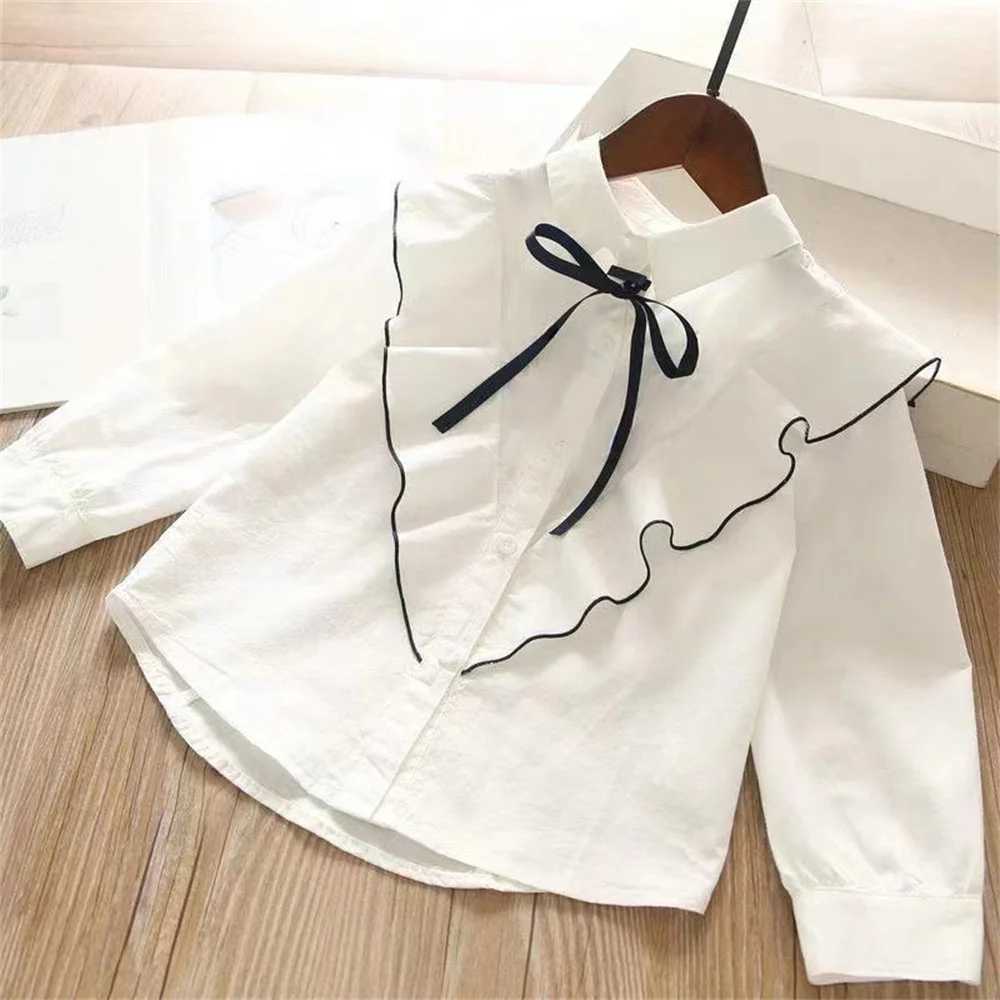 2024 Girls White Shirt for Kids Spring Autumn Korean Fashion Children LongSleeved Cute Bow TShirt Cotton Casual Top Clothes C251007