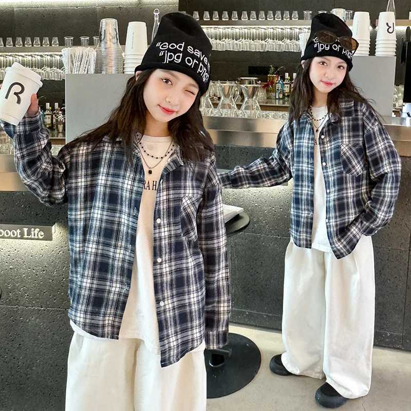 Spring Child Long Sleeve Plaid Shirts for Girls Fashion High Street Outerwear Teenage Kids Cotton Plaid Blouse 5 7 9 11 13 14 Y C251007
