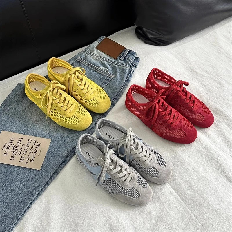 German Training Shoes Women Summertime Flat Laceup Forrest Gump Shoes Women Genuine Leather Mesh Ventilation Sneakers 250929