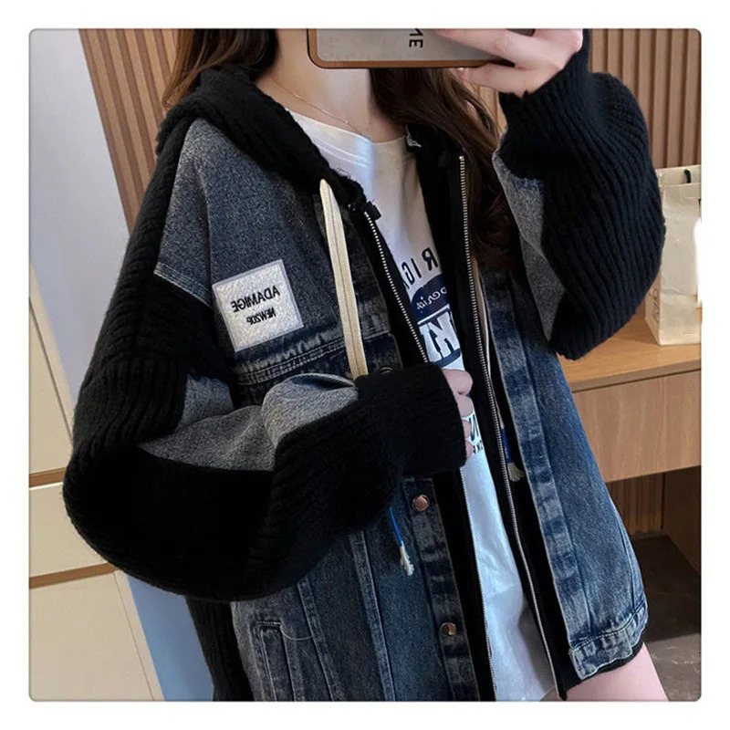 Lazy Wind Ladies Splicing Together Jeans Jacket Autumn Winter Female Loose Hooded Knitted Denim Coat Women Cow Outwear 250930