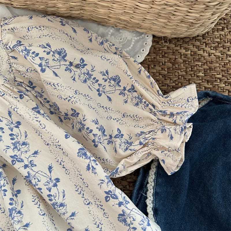 deer jonmi 2024 New Autumn Toddlers Girls Printed Blouses Puff Sleeve Ruched Tops Korean Style Baby Kids Loose Shirts C251007