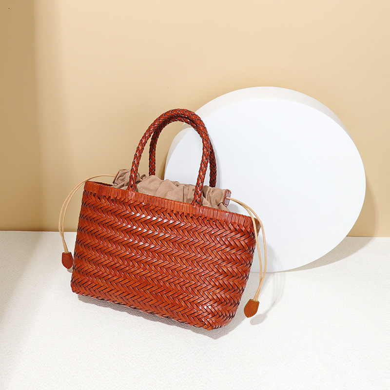 INS Soft Genuine Leather Women's Handbag French Style Basket First Layer Cowhide Handmade Rattan Woven Bag