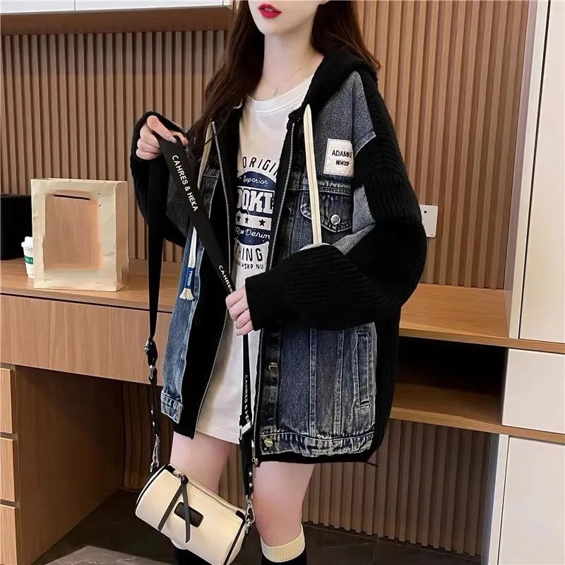 Lazy Wind Ladies Splicing Together Jeans Jacket Autumn Winter Female Loose Hooded Knitted Denim Coat Women Cow Outwear 250930