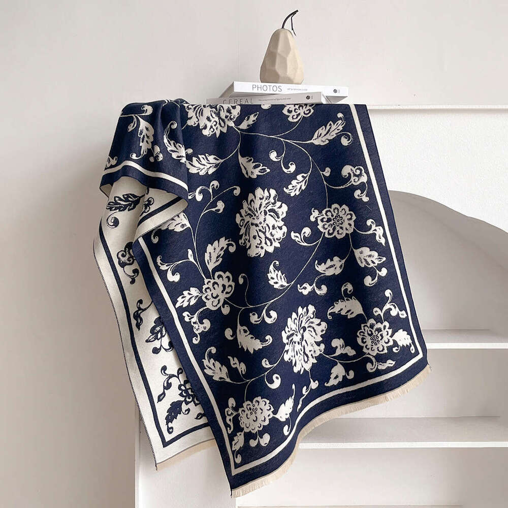 2025 Korean Version Iris Jacquard Mid-Length Thickened Double-Sided Imitation Cashmere Autumn Winter Decorative Shawl Warm and Cold-Resistant for Wome