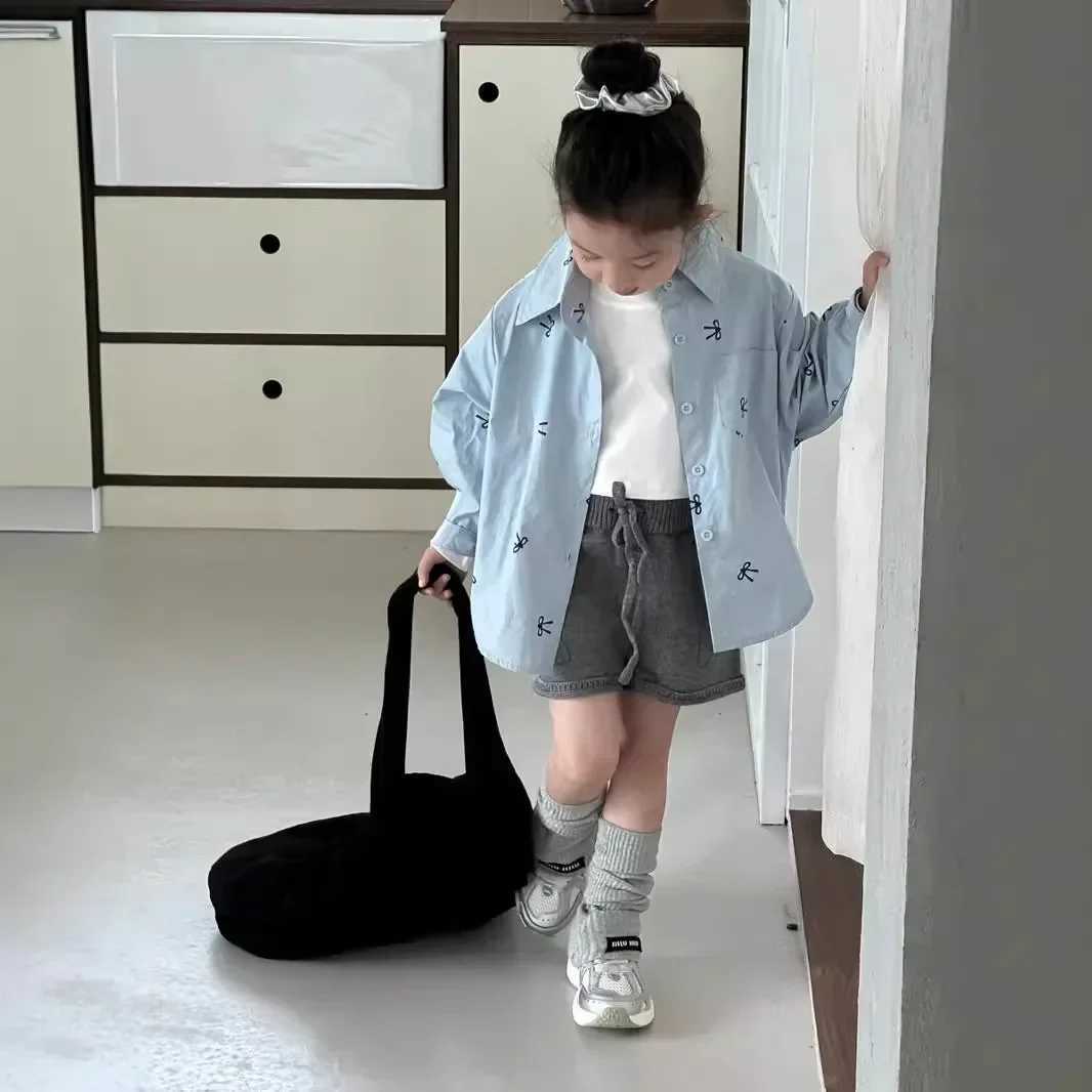 Childrens Blouses Girls Lazy Style Bow Printed Shirt Baby Design Casual Long Single Breasted Buckle Soild Color Jacket Blouses C251007