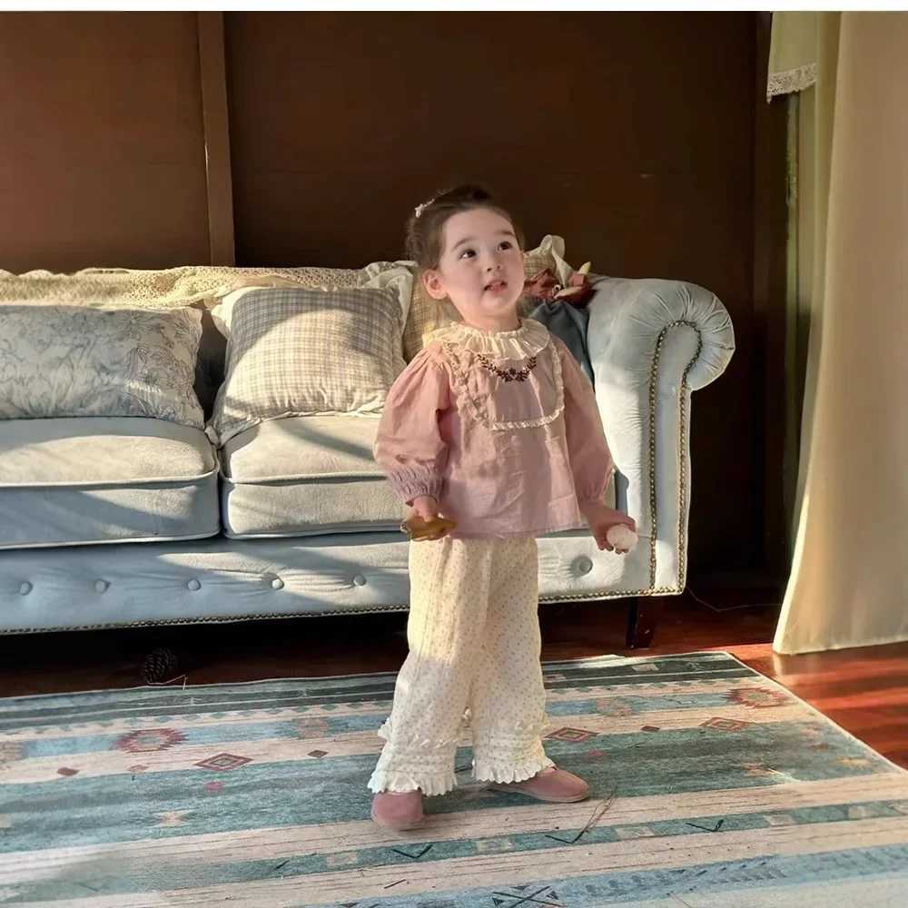 Girls Shirt Polka Dot Pants 2025 New Spring Korean Fashion Pink Long Sleeve Broken Flower Shirt Polka Dot Pants C251007