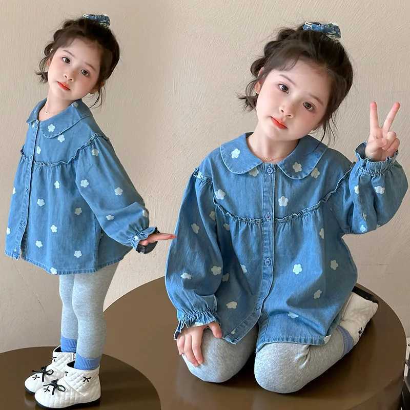 Girls Full Print Flower Denim Shirt Spring and Autumn 2025 New Childrens Korean Version Fashionable Little Girl Casual Top C251007