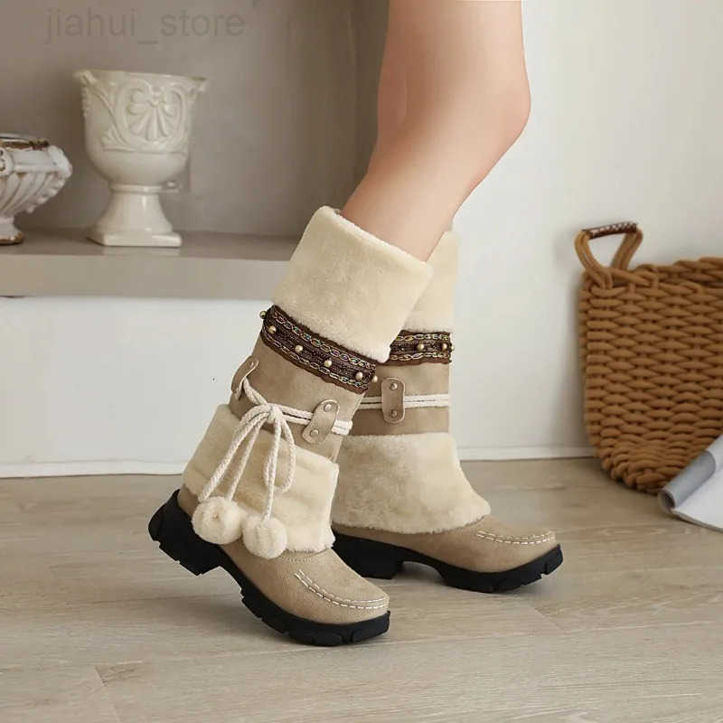 Winter Warm Mid Calf Womens Retro Snow Boots Vintage Ethnic Stylish Handmade Weaving Fuzzy Ball Decor Chunky Heeled Booties M251007