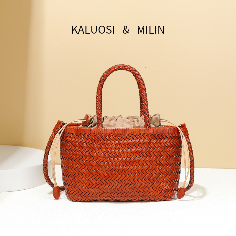 INS Soft Genuine Leather Women's Handbag French Style Basket First Layer Cowhide Handmade Rattan Woven Bag
