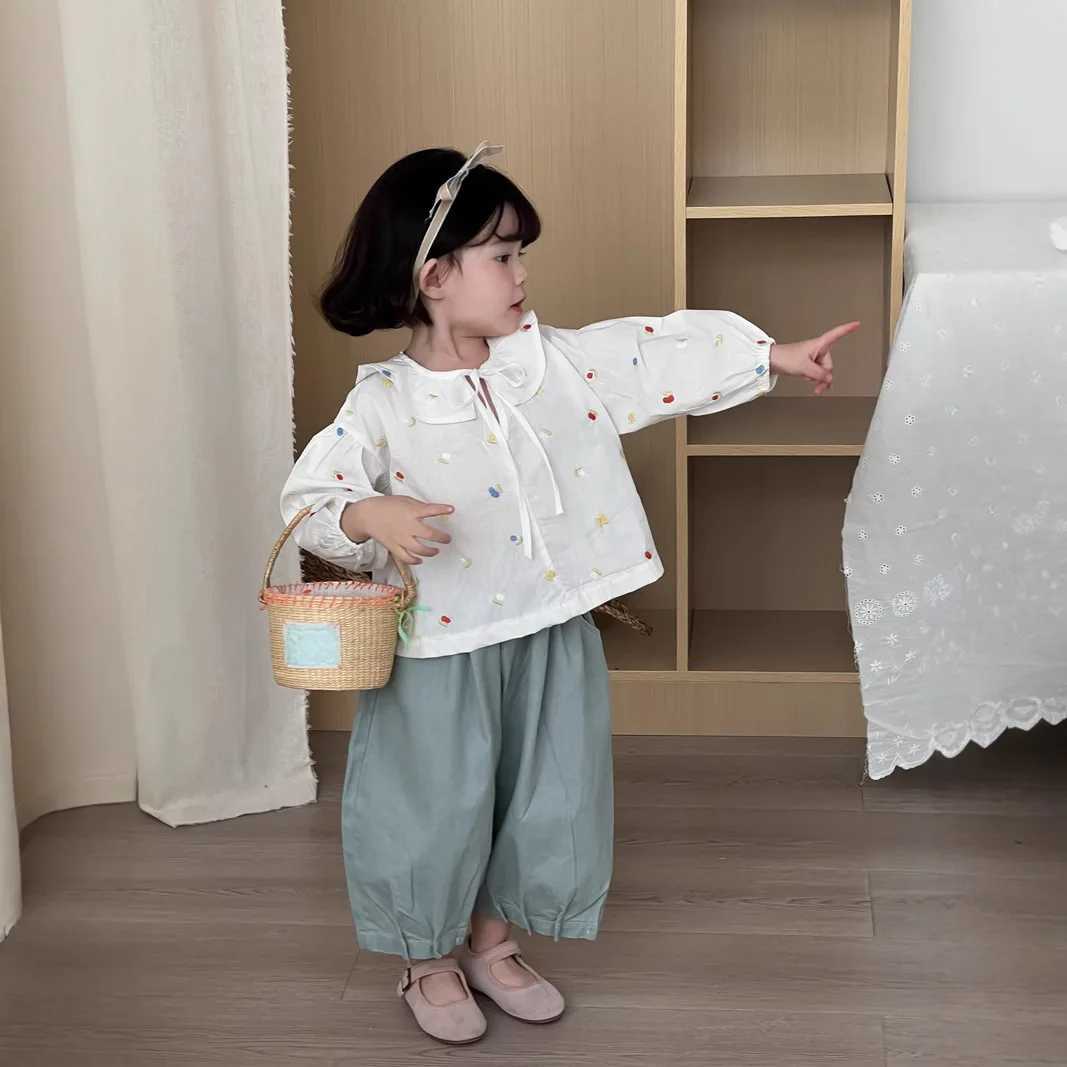 5722 Children Shirt Spring 2025 New Korean Girls Cotton Embroidered Lotus Leaf Collar Shirt Sweet Bottoming Shirt Tops C251007