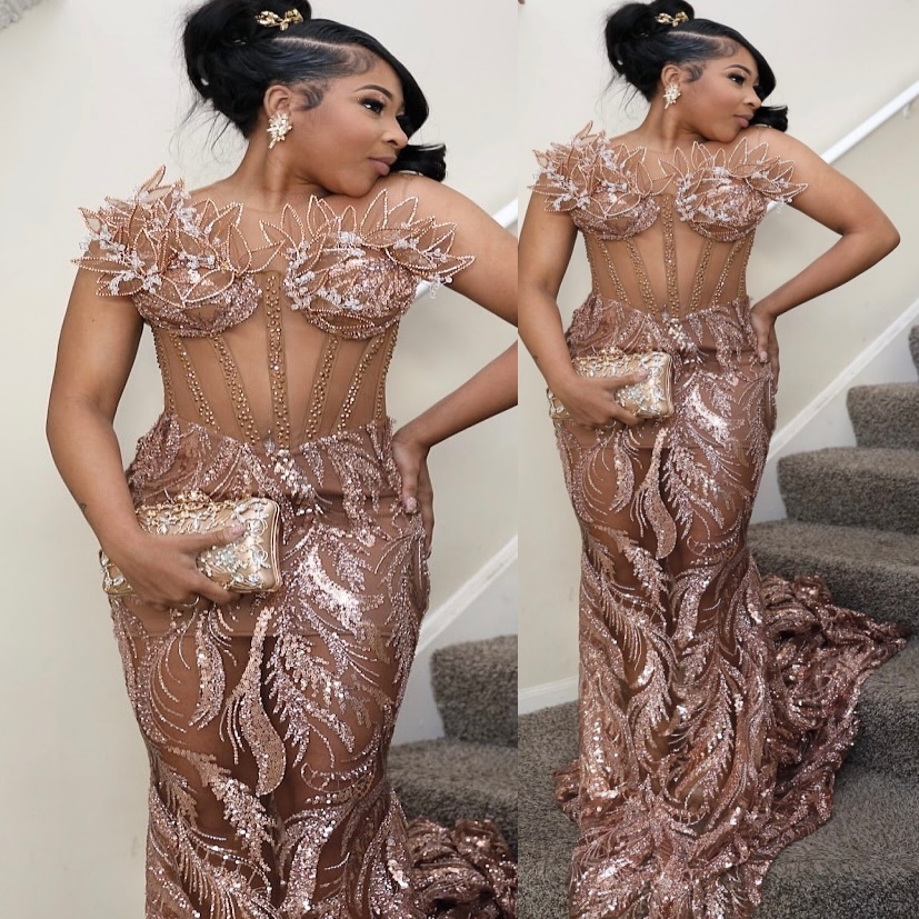 Mermaid Gold Prom Dresses 2025 3D Florals Pearls Sequined Lace Evening Formal Party Second Birthday Engagement Gowns Plus Size Dress For Special Occas
