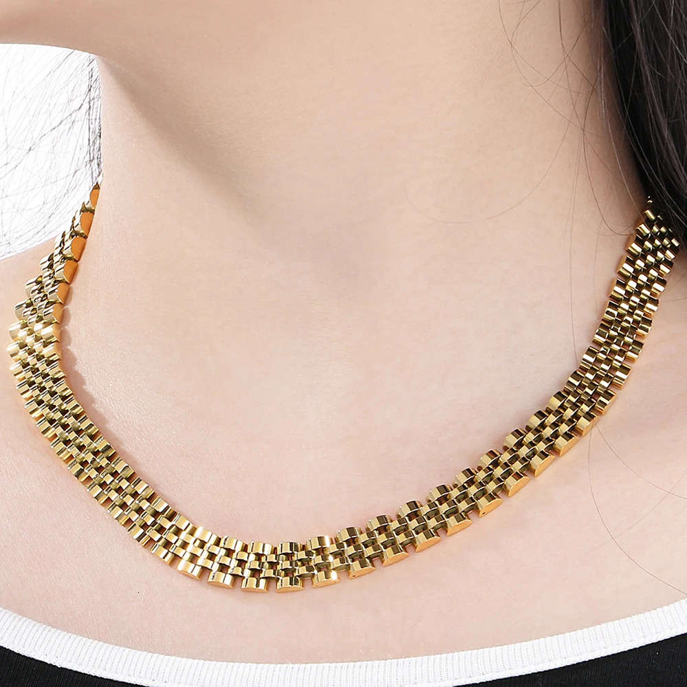 455060CM 10MM Watch Strap Chain Style Necklace For Men Women Gold Color Stainless Steel Choker Necklaces Jewellery Accessories 250930