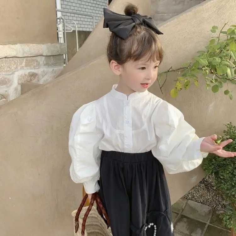 Girls Cotton Shirt Retro Bubble Sleeves Korean Fashion Long Sleeved Shirt Outerwear Baby Solid Shirt for Girls C251007