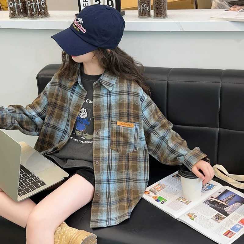 Korean Kids Autumn Long Sleeve Plaid Blouse for Girls Outfit Clothing Tops Children Baby Clothes School Uniform Shirt Outerwear C251007